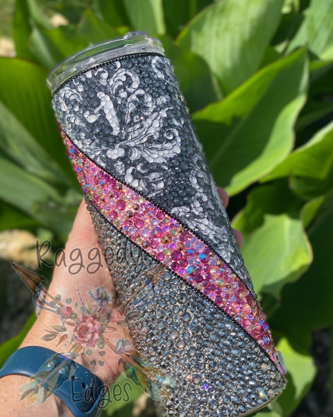 This is the Way Damask Fabric V-Split Rhinestone Tumbler - Raggedy Edges