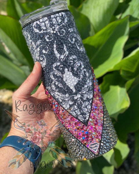 This is the Way Damask Fabric V-Split Rhinestone Tumbler - Raggedy Edges
