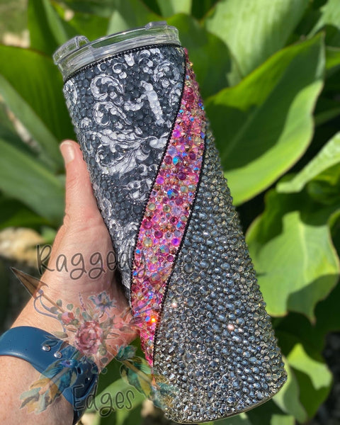 This is the Way Damask Fabric V-Split Rhinestone Tumbler - Raggedy Edges