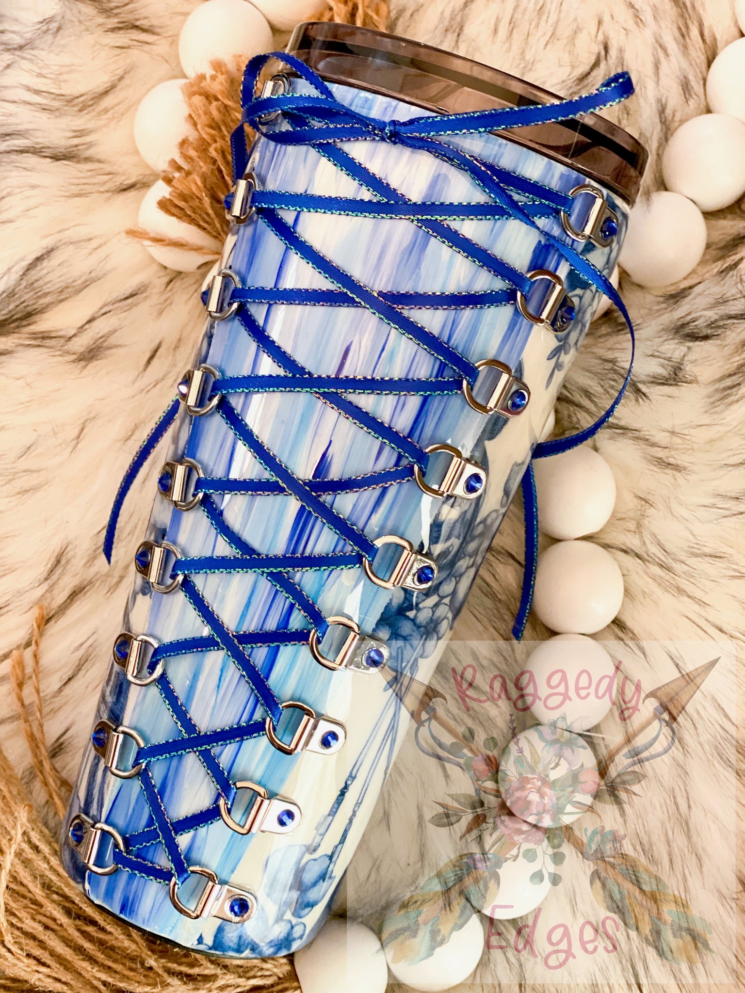 Blue and White Floral Wars, Corset and Rhinestone, 32oz Inspired Fabric Tumbler, Ready to Ship