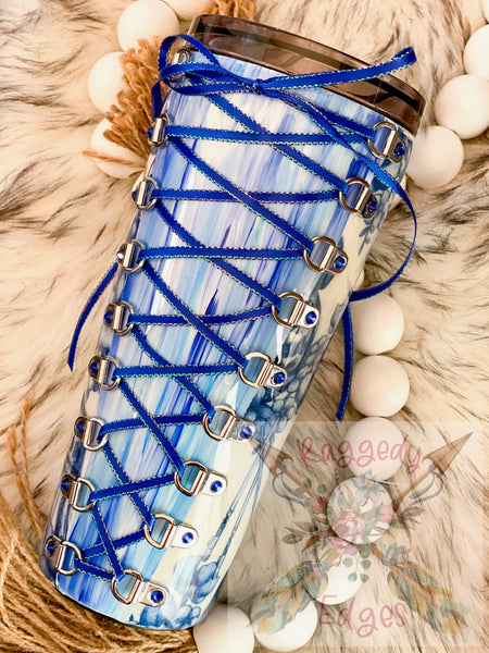 Blue and White Floral Wars, Corset and Rhinestone, 32oz Inspired Fabric Tumbler, Ready to Ship