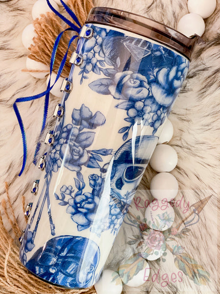 Blue and White Floral Wars, Corset and Rhinestone, 32oz Inspired Fabric Tumbler, Ready to Ship