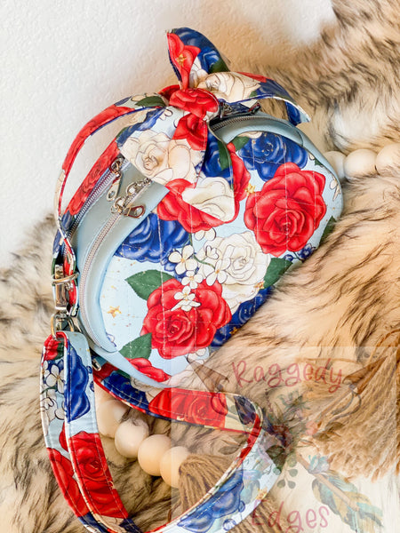 Mini Oro Rosa Quilted "Tiny Beast" Handbag, Red, White, and Blue Floral, Ready to Ship