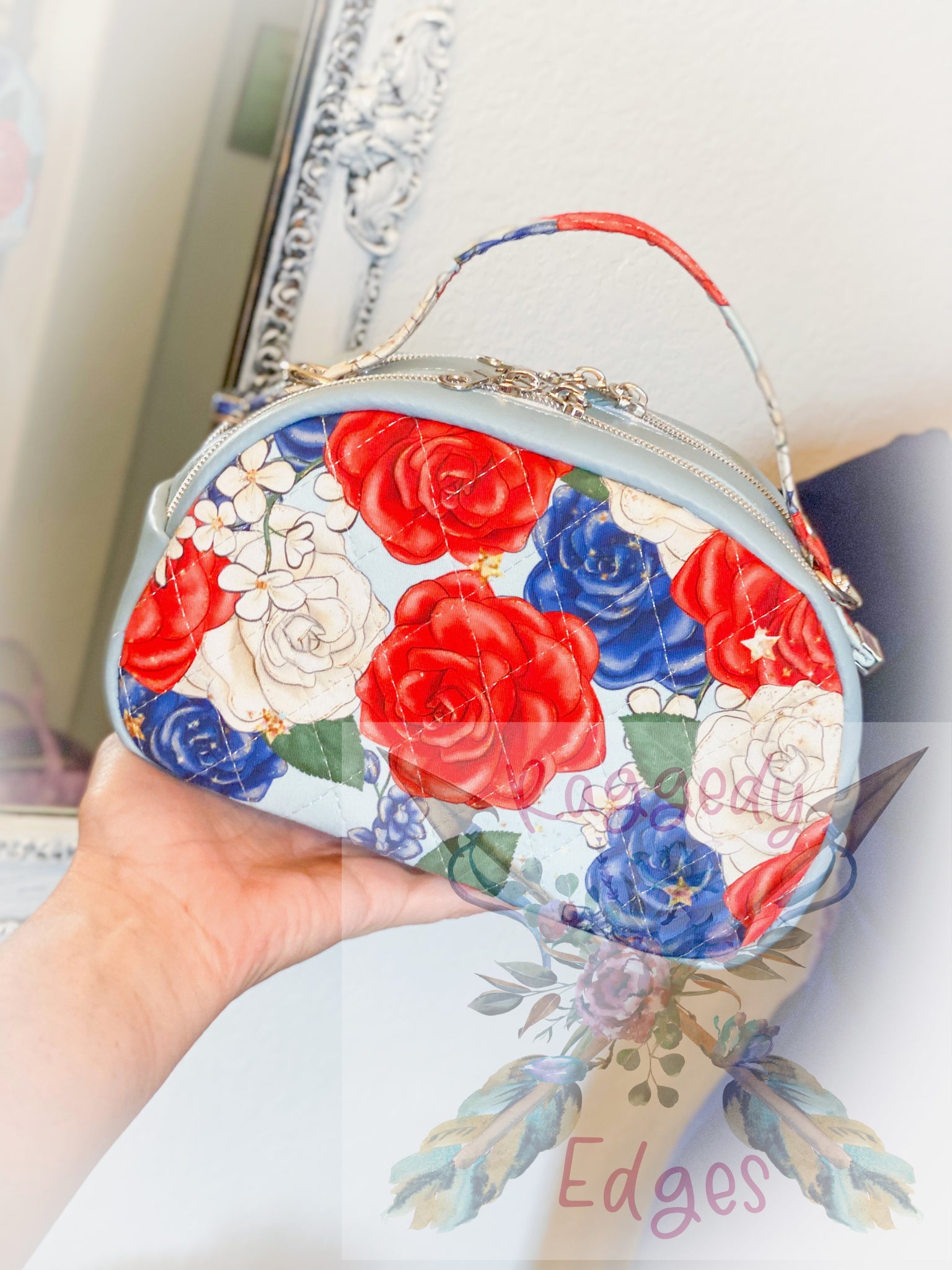 Mini Oro Rosa Quilted "Tiny Beast" Handbag, Red, White, and Blue Floral, Ready to Ship