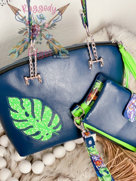 Swoon Lola Domed Handbag and Pearl Wallet Clutch,Tropical Bling Leaf and X-Women, Ready to Ship