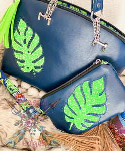 Swoon Lola Domed Handbag and Pearl Wallet Clutch,Tropical Bling Leaf and X-Women, Ready to Ship